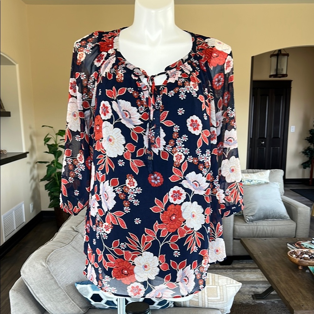 Daniel Rainn Navy Floral Tie-Front Blouse with Red and White Flowers